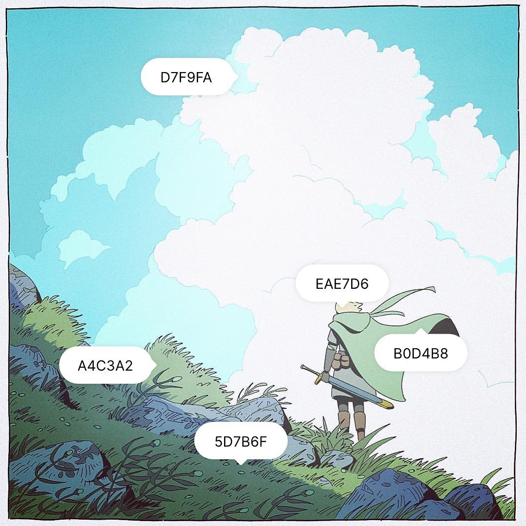 Bảng phối màu chứa các sắc thái xanh tím, đỏ cam và vàng mù tạt