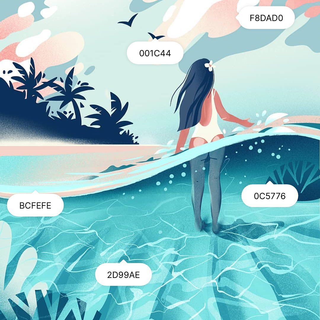 Bảng phối màu bao gồm các sắc thái cam đất, hồng sen và tím than