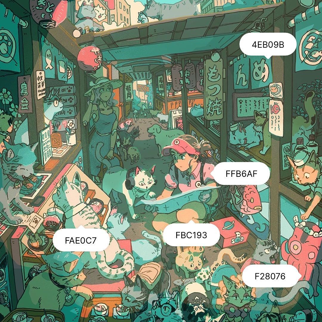 Bảng phối màu gồm các sắc thái xanh ô liu, cam đất và vàng chanh