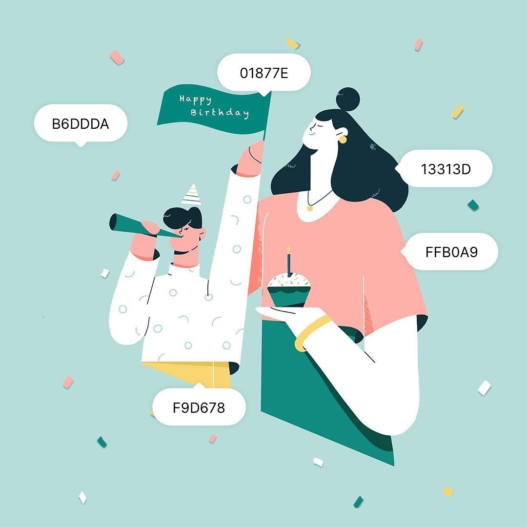 Bảng phối màu với các màu hồng fuchsia, xanh coban và vàng tươi