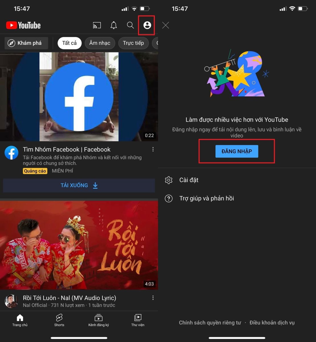 Giao diện đăng nhập tài khoản Google vào ứng dụng YouTube trên điện thoại