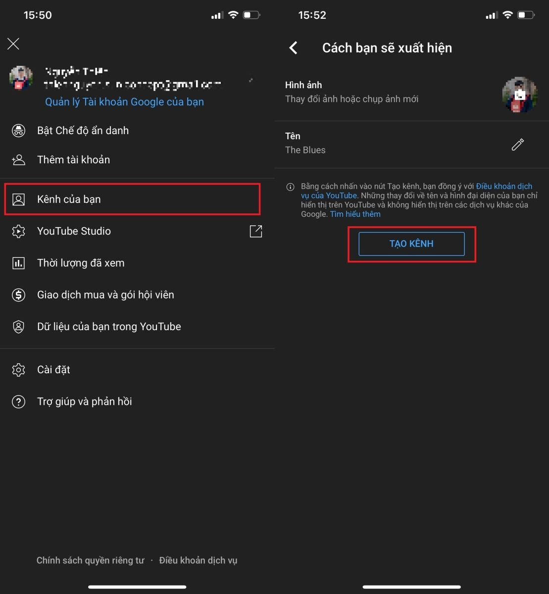 Giao diện đặt tên và chọn ảnh đại diện cho kênh YouTube trên điện thoại
