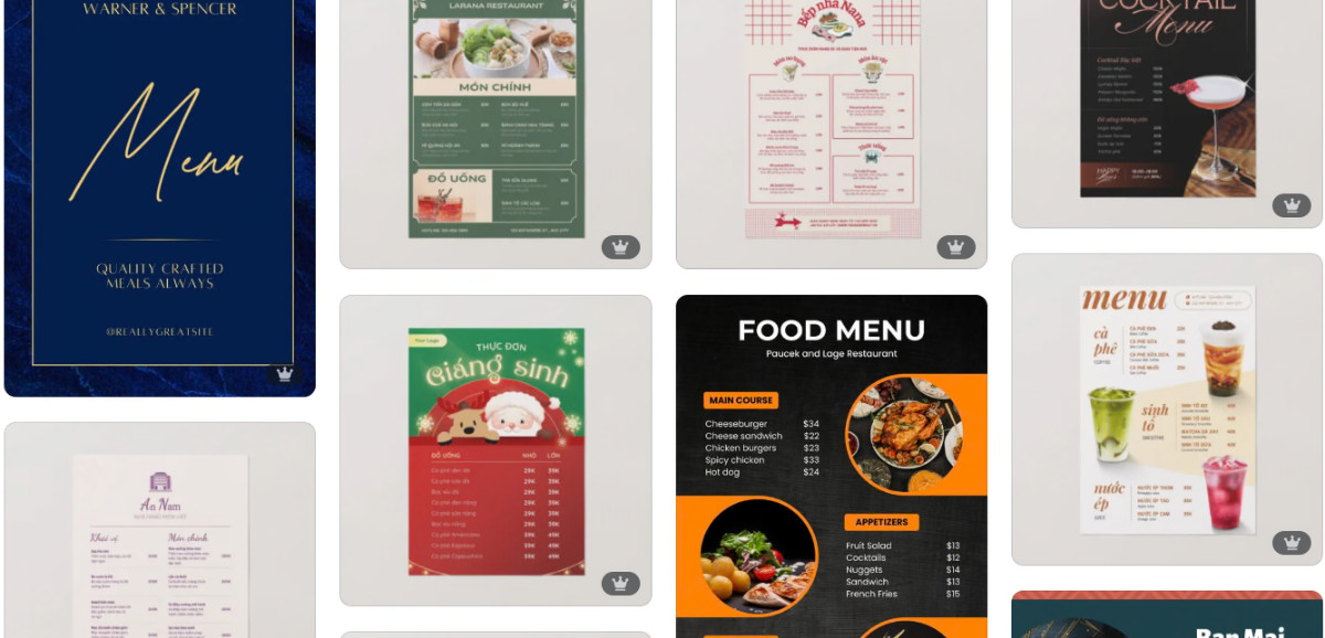 Giao diện phần mềm Canva đang hiển thị mẫu thiết kế menu nhà hàng với các món ăn và giá cả