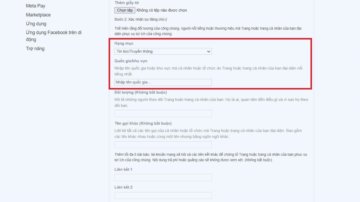 Bước 3: Chọn hạng mục phù hợp với Trang cá nhân và nhập tên quốc gia