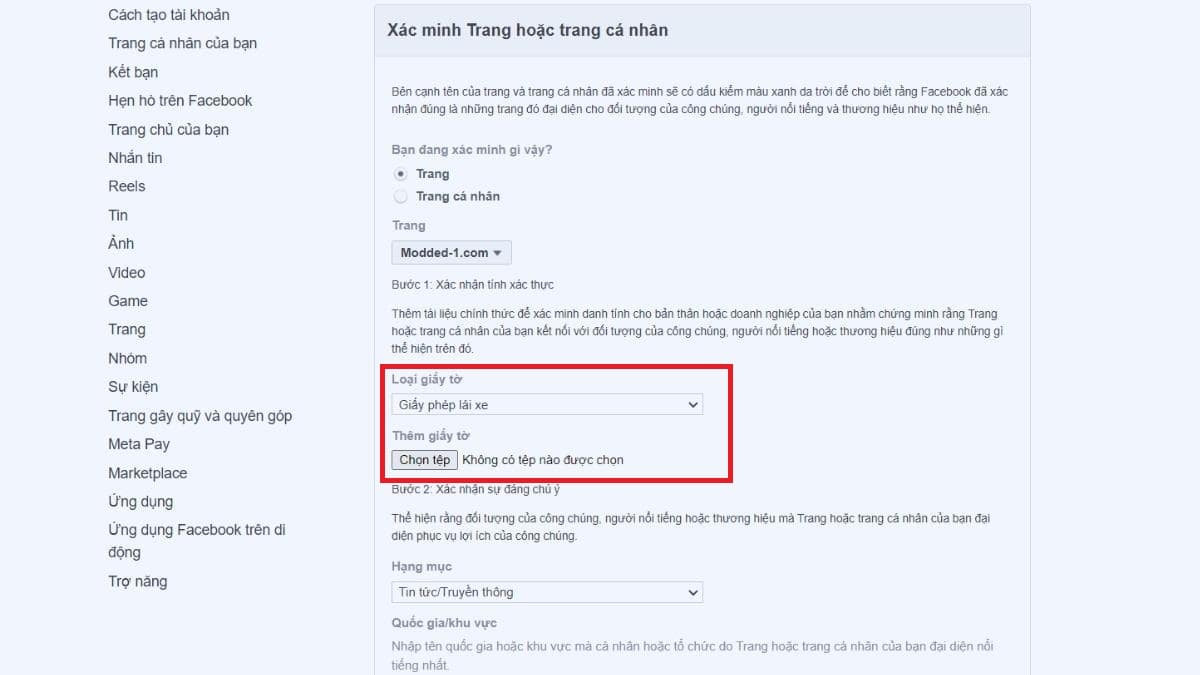 Bước 2: Cung cấp các tài liệu xác minh danh tính cho Fanpage