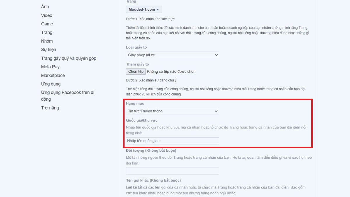 Bước 3: Chọn hạng mục phù hợp với Fanpage và điền tên quốc gia