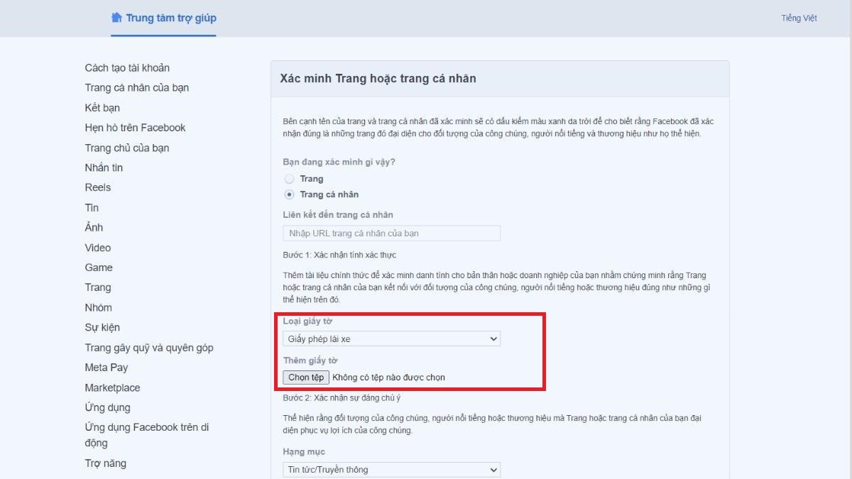 Bước 2: Chọn loại tài liệu xác minh danh tính cá nhân và tải lên