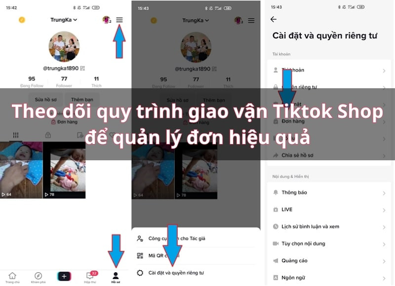 Giao diện kiểm tra chi tiết đơn hàng và mã vận đơn trên TikTok Shop