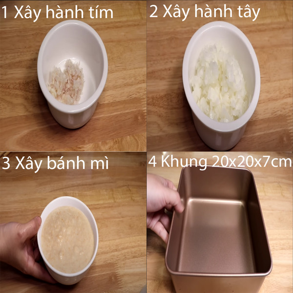 Xay nguyên liệu thật nhuyuyễn cho vào mỗi chén riêng biệt và chuẩn bị khung 20x20x7cm chuẩn bị hấp pate.