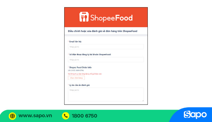 Biểu mẫu gửi yêu cầu điều chỉnh hoặc xóa đánh giá trên Shopee Food