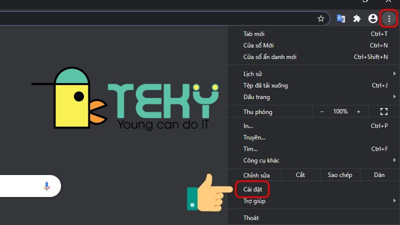 Mở menu ba chấm và chọn Cài đặt trong Chrome