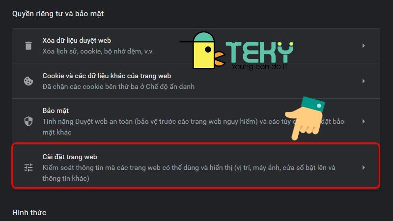 Chọn Cài đặt trang web để điều chỉnh quyền truy cập