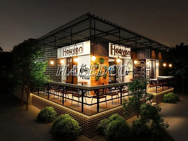 Cổng quán cà phê hiện đại với thiết kế tối giản và ánh sáng tinh tế