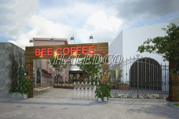 Cách trang trí cổng quán cafe bằng gỗ, kết hợp đèn LED dây và đèn pha