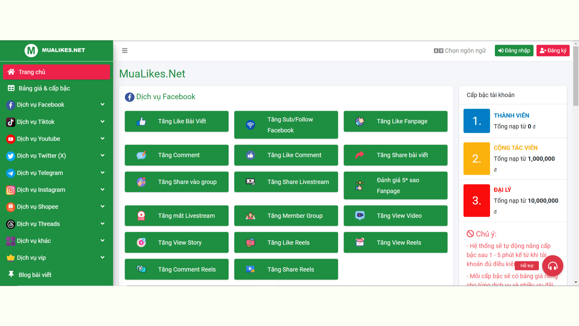 Giao diện website MuaLikes.Net chuyên tăng follow TikTok
