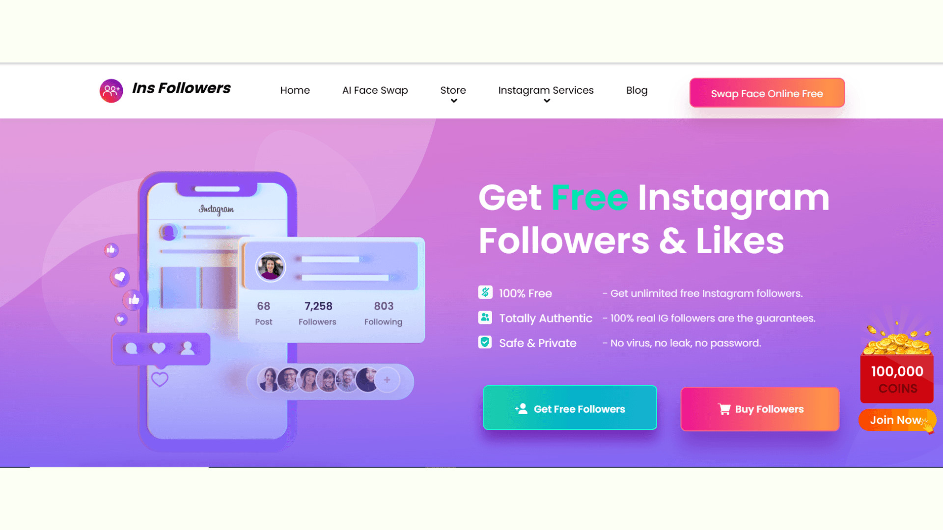 Giao diện website Ins Follower để tăng follow TikTok