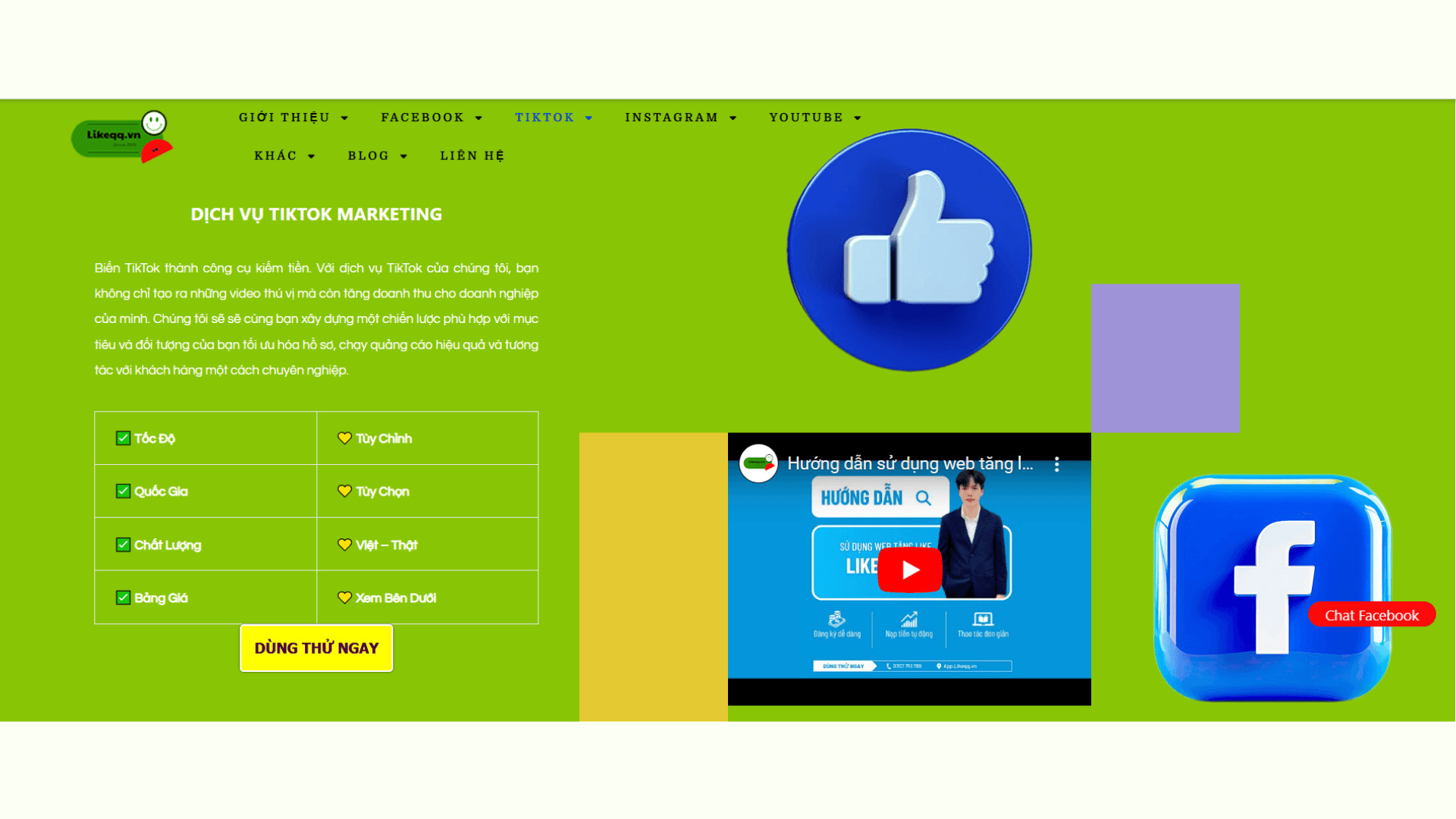 Giao diện website Likeqq.vn với các dịch vụ tăng tương tác TikTok
