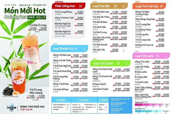 Menu đa dạng các loại trà, trà sữa và topping của Hồng Trà Ngô Gia