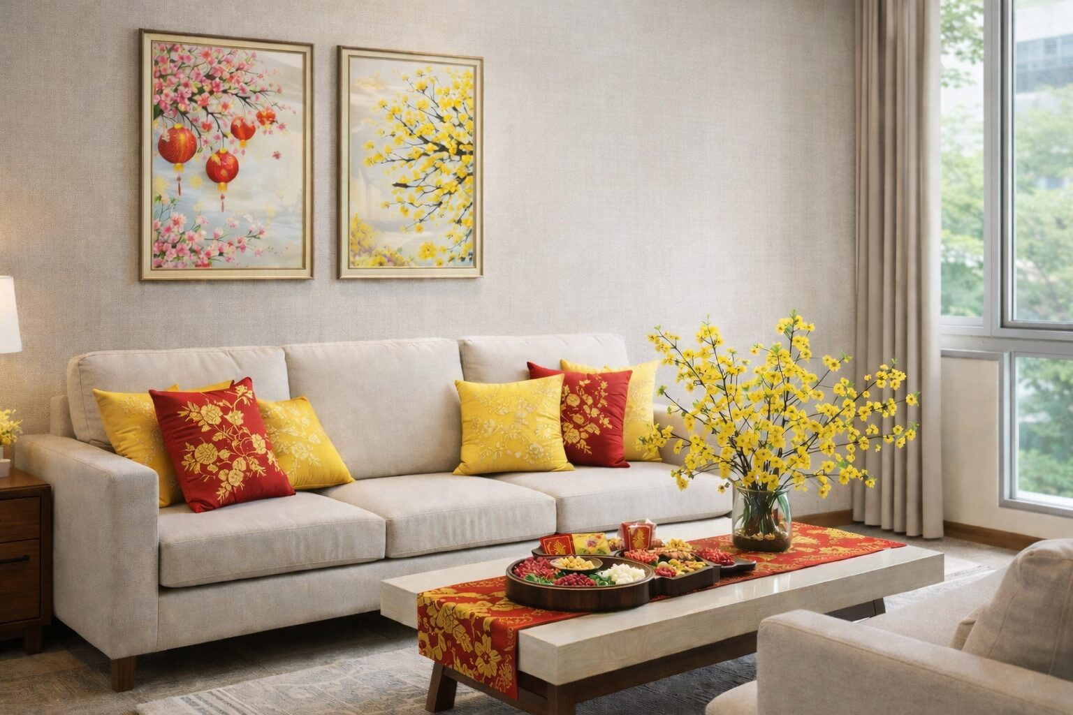 Trang trí phòng khách ngày Tết với sofa, bàn trà, tường và cửa sổ