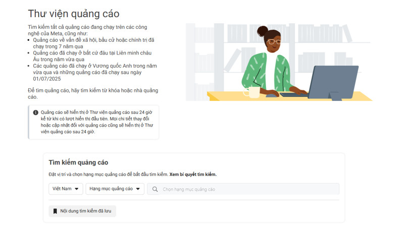 Giao diện trang chủ Facebook Ads Library