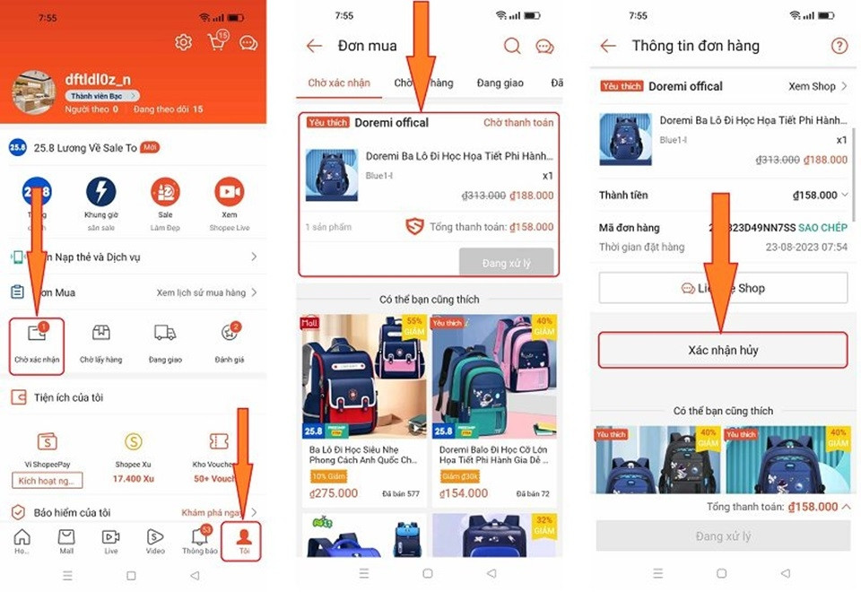 Thao tác để hủy đơn hàng ở tình trạng chờ xác nhận trên Shopee