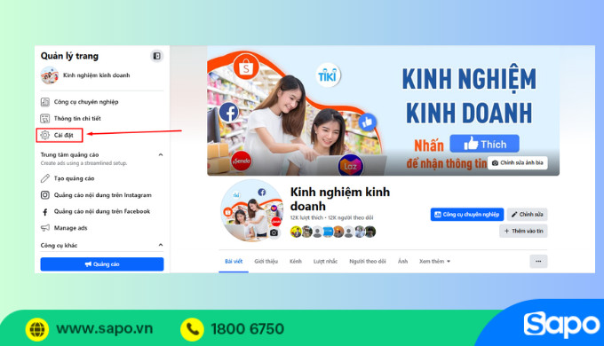 Truy cập trang fanpage và chọn Cài đặt để bắt đầu thiết lập ẩn bình luận tự động
