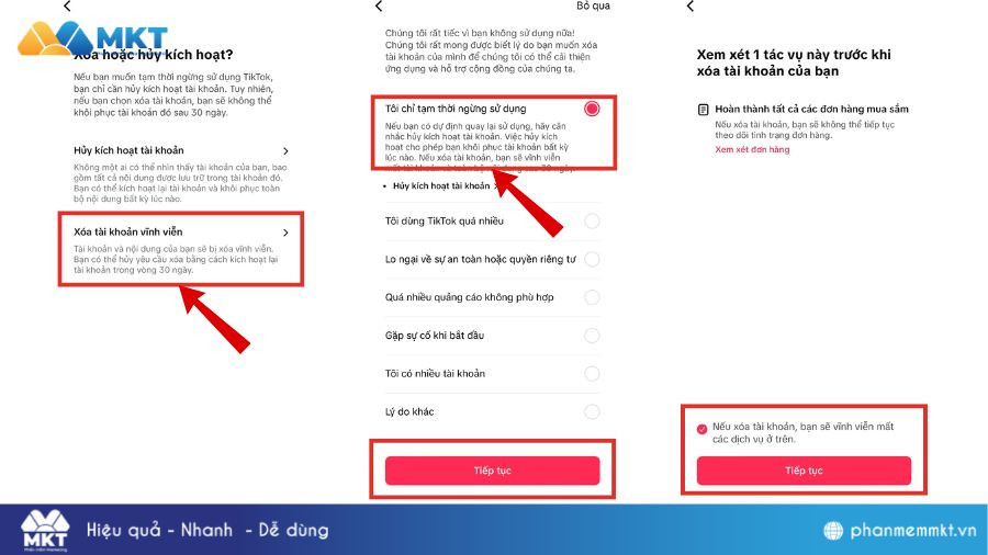 Xác nhận xóa tài khoản TikTok vĩnh viễn và chọn lý do