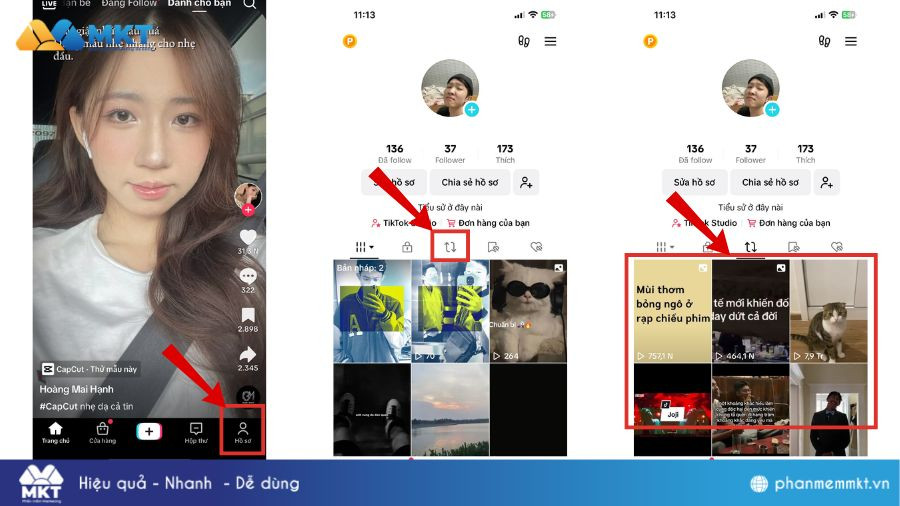 Truy cập hồ sơ cá nhân và chọn biểu tượng đăng lại để xem các video đã chia sẻ