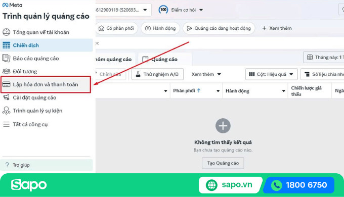 Chọn mục Lập hoá đơn và thanh toán để thêm thông tin thanh toán