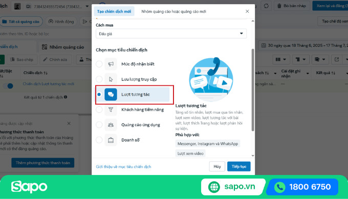 Chọn mục tiêu chiến dịch là Lượng tương tác để khuyến khích người dùng nhắn tin, bình luận