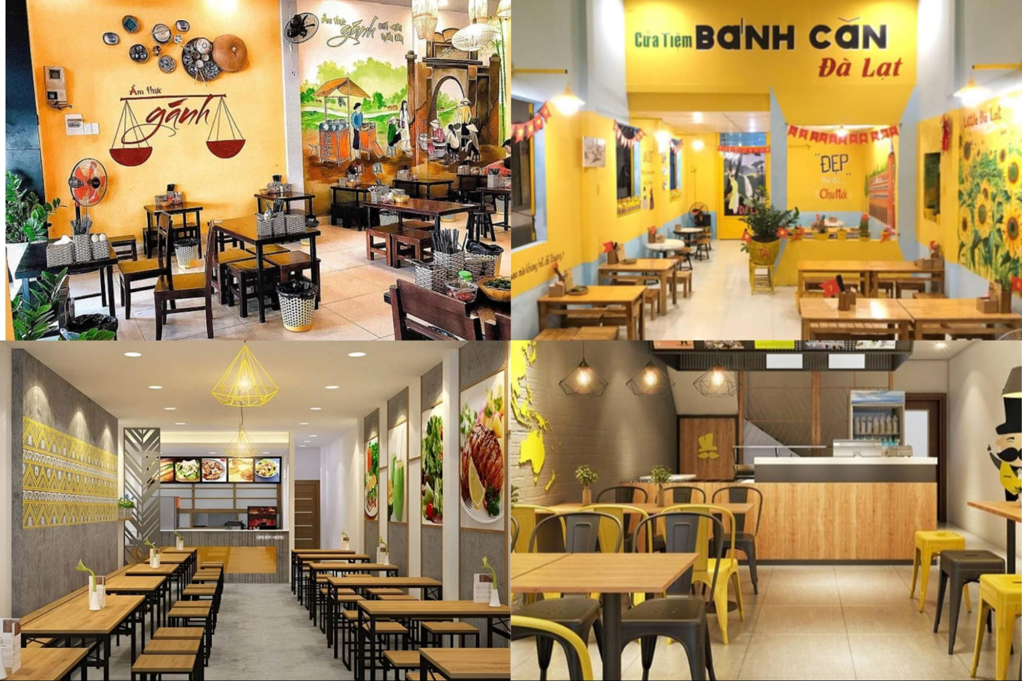 Hệ thống đèn trang trí với ánh sáng vàng ấm cúng, tạo không gian lãng mạn cho quán ăn nhỏ