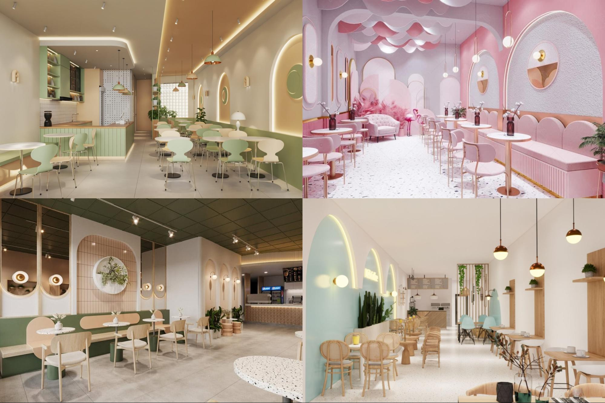 Không gian quán ăn nhỏ được trang trí với gam màu pastel nhẹ nhàng, tạo cảm giác tươi mới và trẻ trung