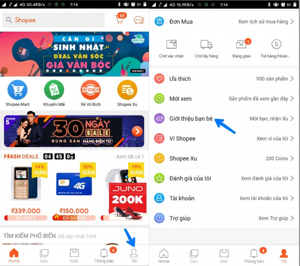 Giao diện Shopee mục "Tôi" và lựa chọn "Giới thiệu bạn bè"