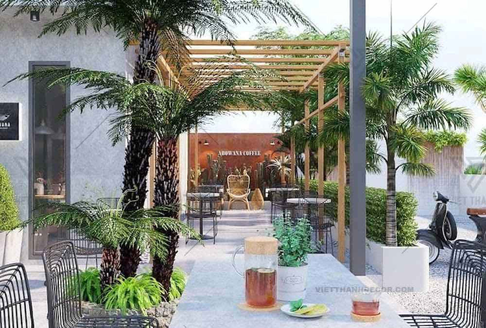 Thiết kế quán cà phê sân vườn với nội thất bàn ghế và các chi tiết trang trí đơn giản