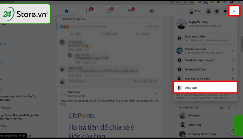 Giao diện hướng dẫn đăng xuất tài khoản Facebook trên máy tính
