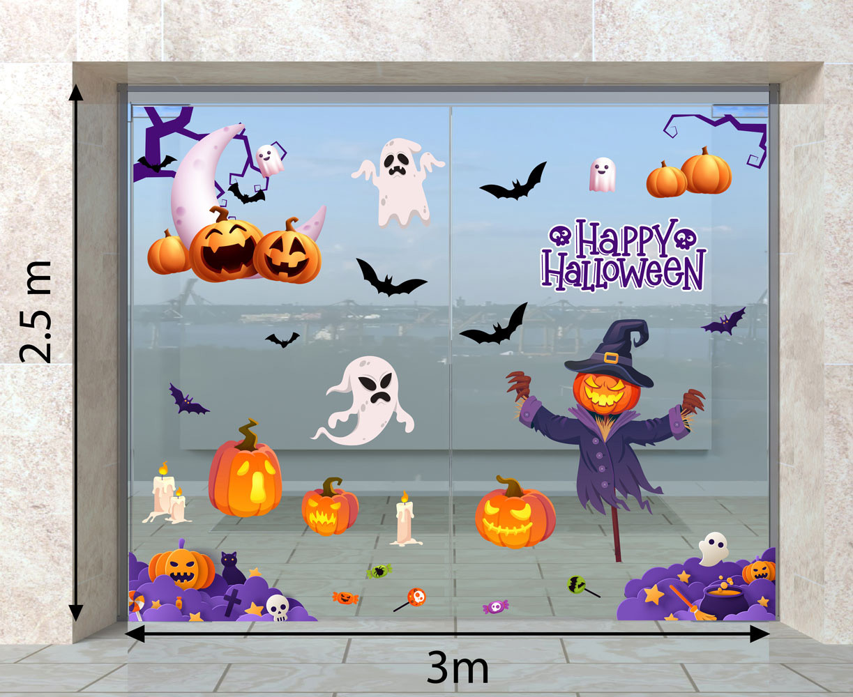 Decal trang trí Halloween hình bù nhìn và bầy ma trắng bên bí ngô