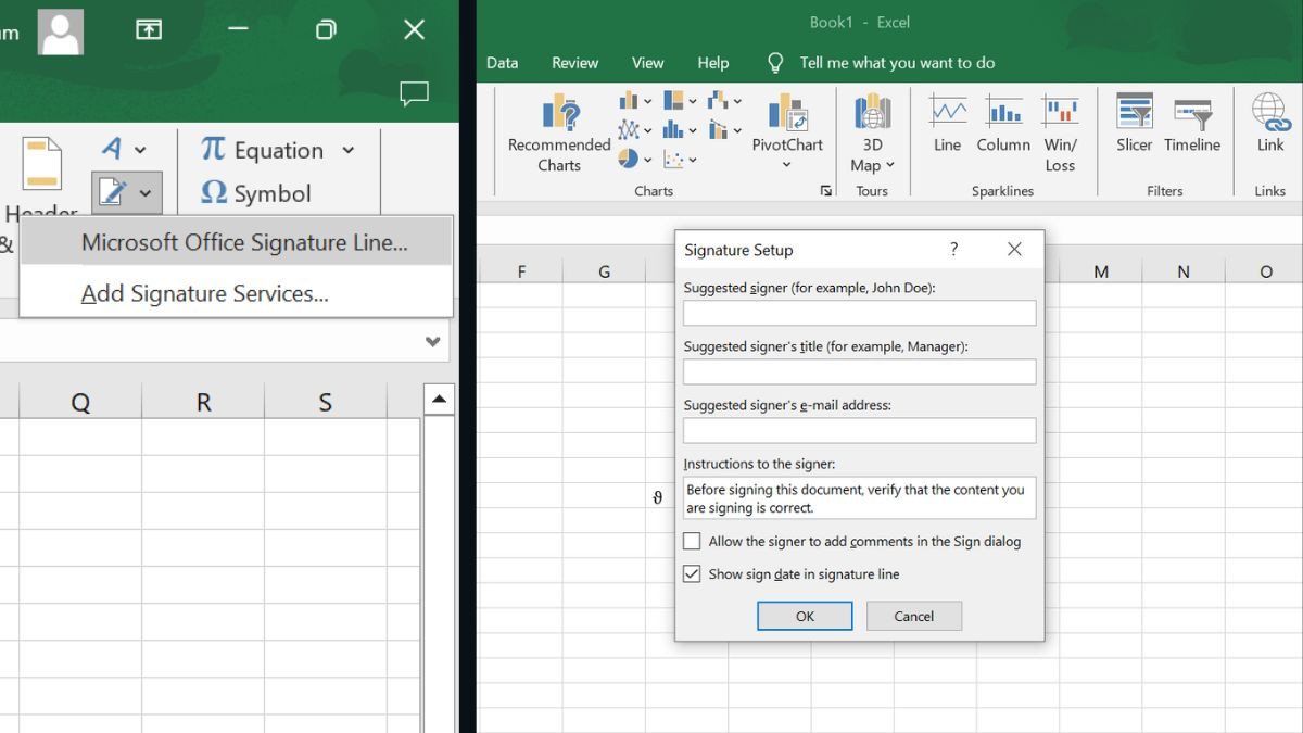 Vào Microsoft Office signature line