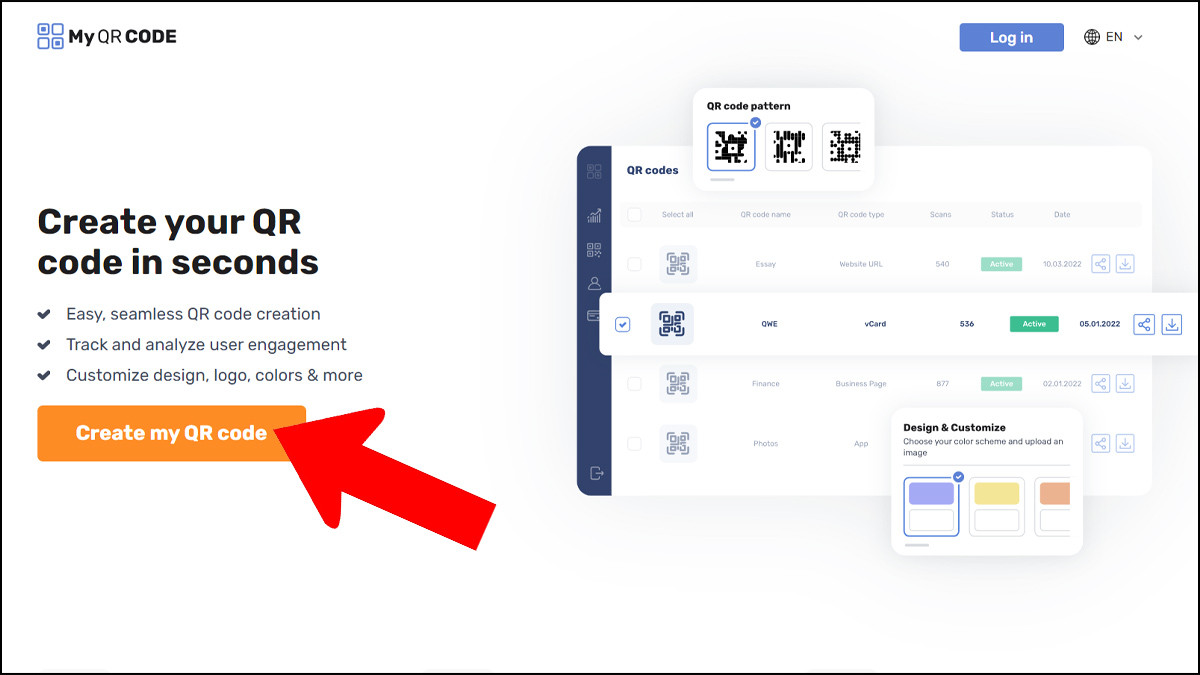 Giao diện website Myqrcode.com, hiển thị các tùy chọn tạo mã QR như URL, văn bản hay tệp PDF