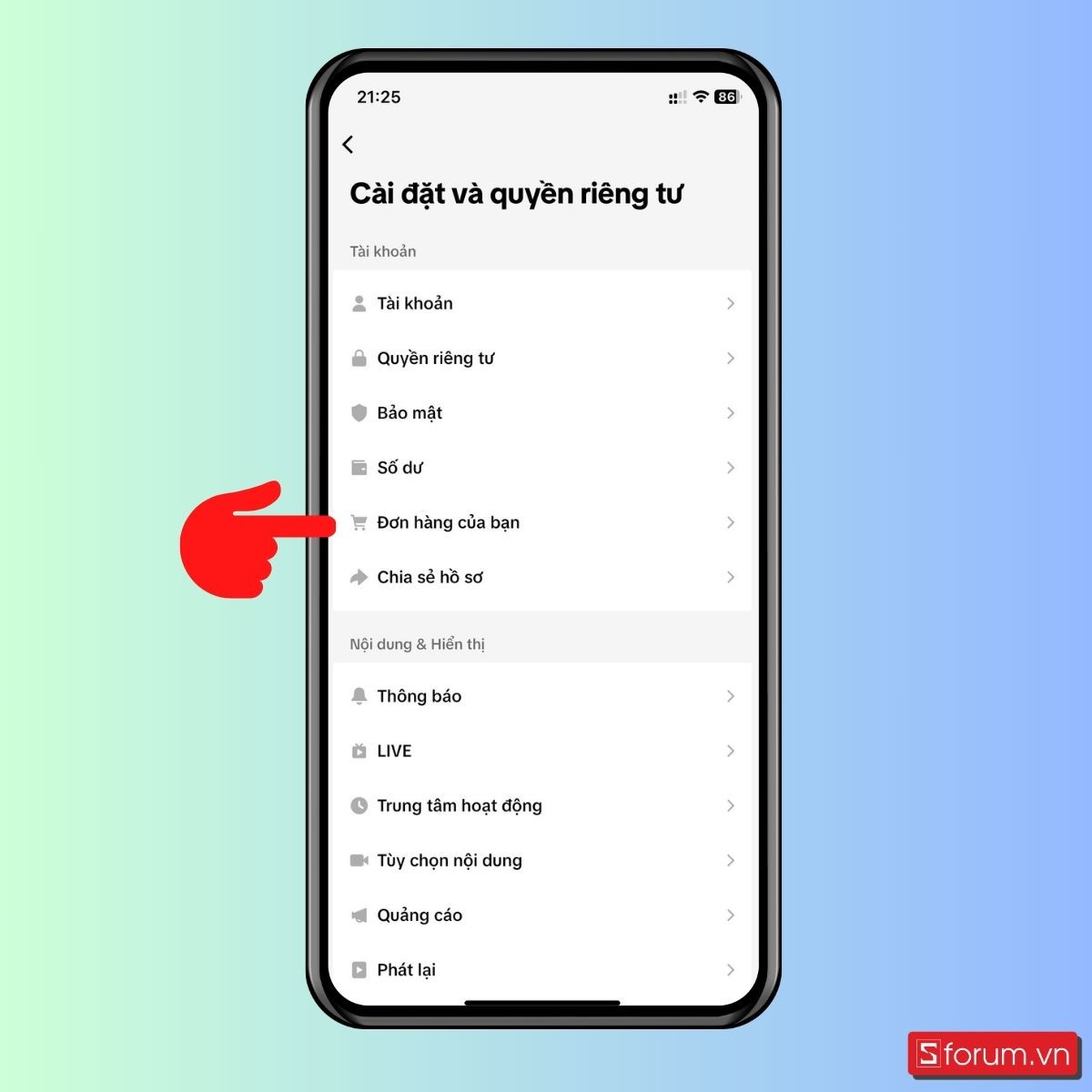 Giao diện mục Đơn hàng của bạn trên TikTok