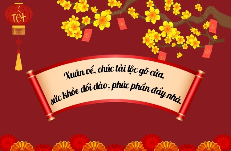 Hình ảnh các mẫu câu chúc Tết theo phong cách truyền thống được viết trên giấy đỏ, mang đậm không khí Tết
