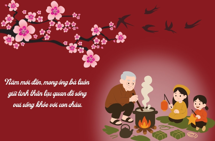 Hình ảnh ông bà vui vẻ bên con cháu trong ngày Tết, tượng trưng cho những lời chúc sức khỏe và sum vầy