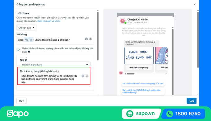Hoàn thành và lưu mẫu tin nhắn tự động đã tạo