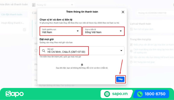 Thiết lập quốc gia, đơn vị tiền tệ và múi giờ khi thêm phương thức thanh toán