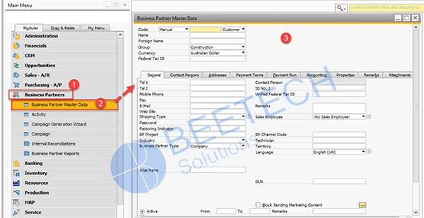 Giao diện danh mục đối tác kinh doanh (Business Partner Master Data) trong SAP