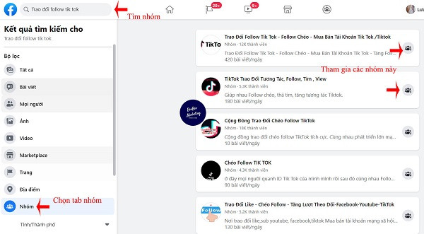 Các nhóm trên Facebook chuyên về follow chéo TikTok