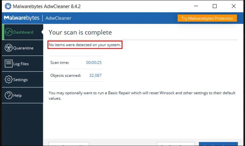 Kết quả quét và tùy chọn dọn dẹp các mối đe dọa bằng công cụ thứ 3 Malwarebytes AdwCleaner