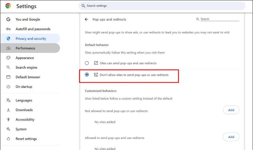 Thiết lập không cho phép các trang web gửi cửa sổ bật lên hay chuyển hướng trên Chrome máy tính