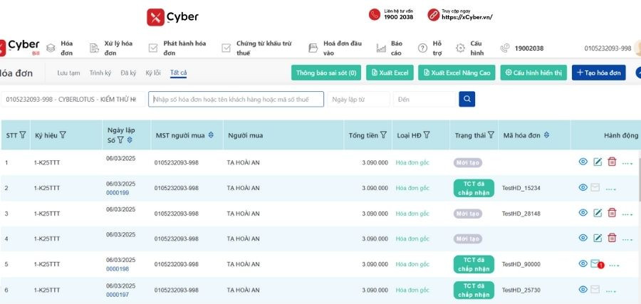 Giao diện phần mềm xCyber Bill hỗ trợ hộ kinh doanh lập và quản lý hóa đơn điện tử