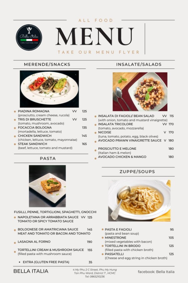 Một ví dụ về menu của nhà hàng Bella Italia