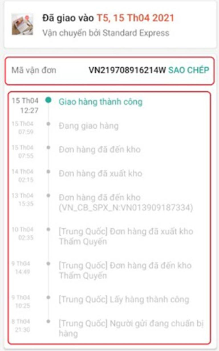 Giao diện các bước tra cứu đơn hàng Standard Express trên ứng dụng Shopee